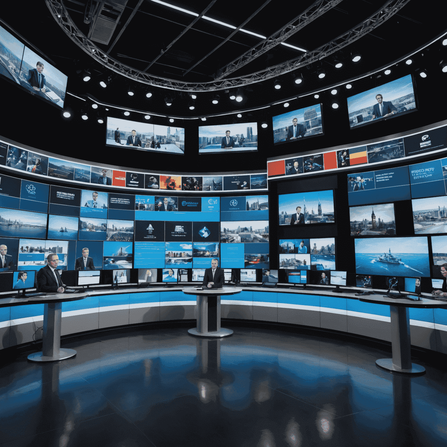 Ein Nachrichtenstudio mit Reportern, die über aktuelle Ereignisse berichten. Bildschirme im Hintergrund zeigen verschiedene Nachrichtenbilder aus Deutschland und der Welt.