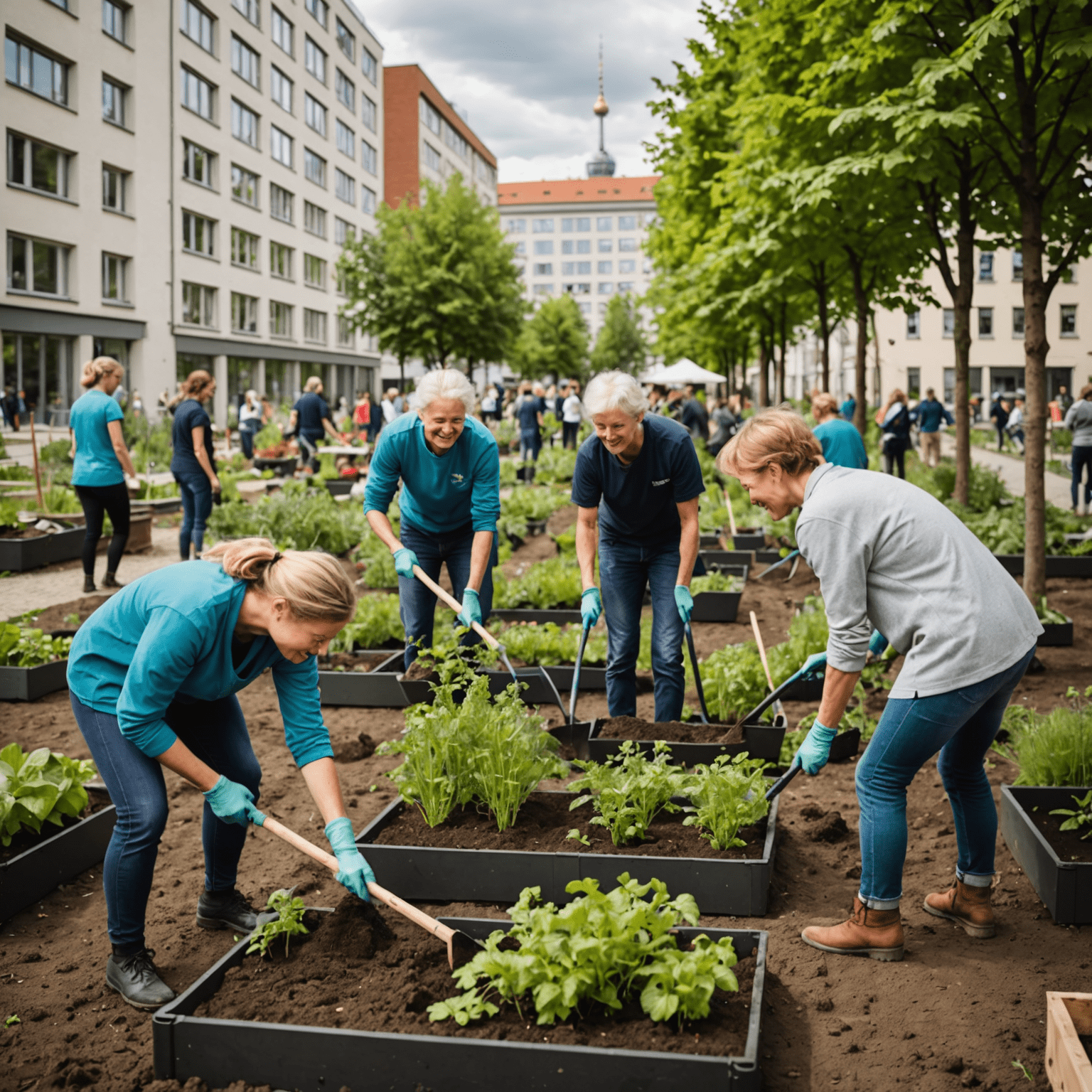 Gruppe von Freiwilligen, die in einem neu angelegten Stadtgarten in Berlin-Mitte arbeiten. Im Hintergrund sind Hochhäuser zu sehen, im Vordergrund frisch gepflanzte Beete und lächelnde Menschen verschiedenen Alters.