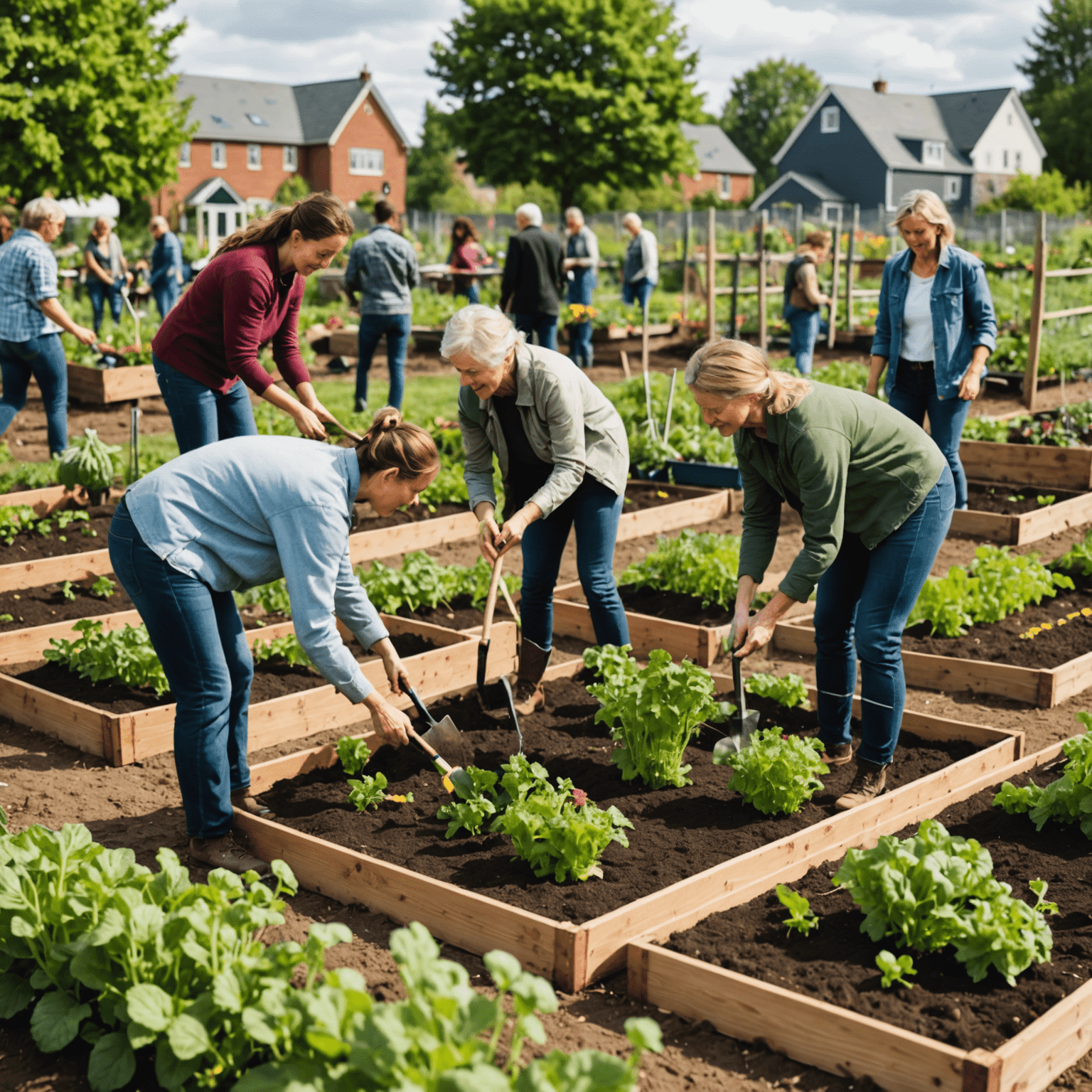 Gruppe von Menschen, die gemeinsam an einem Gemeinschaftsgarten arbeiten. Sie pflanzen Gemüse und Blumen in Hochbeeten.