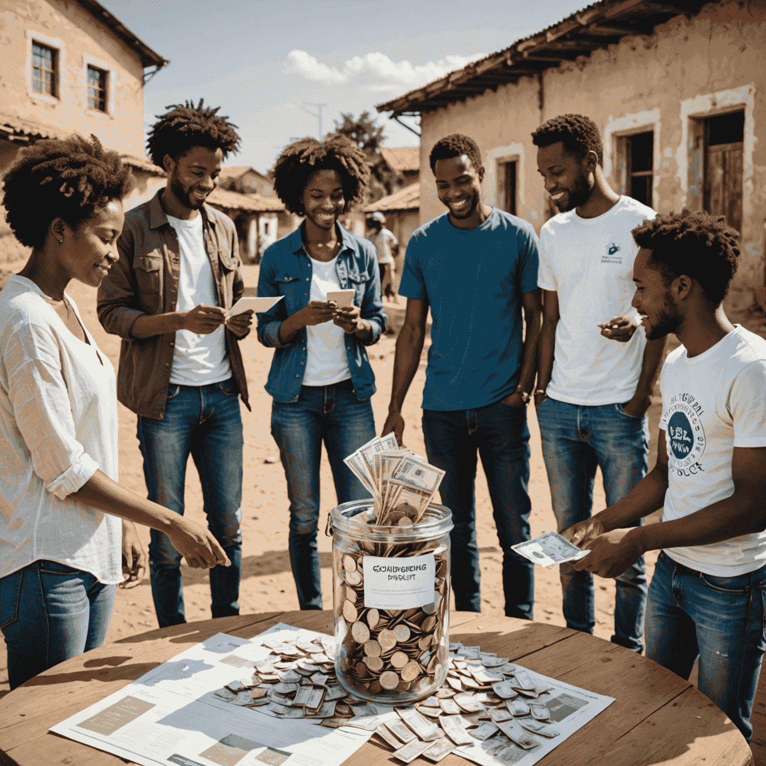 Eine Gruppe von Menschen, die Geld für ein Gemeinschaftsprojekt sammeln. Im Hintergrund ist eine Infografik zu sehen, die den Crowdfunding-Prozess erklärt.