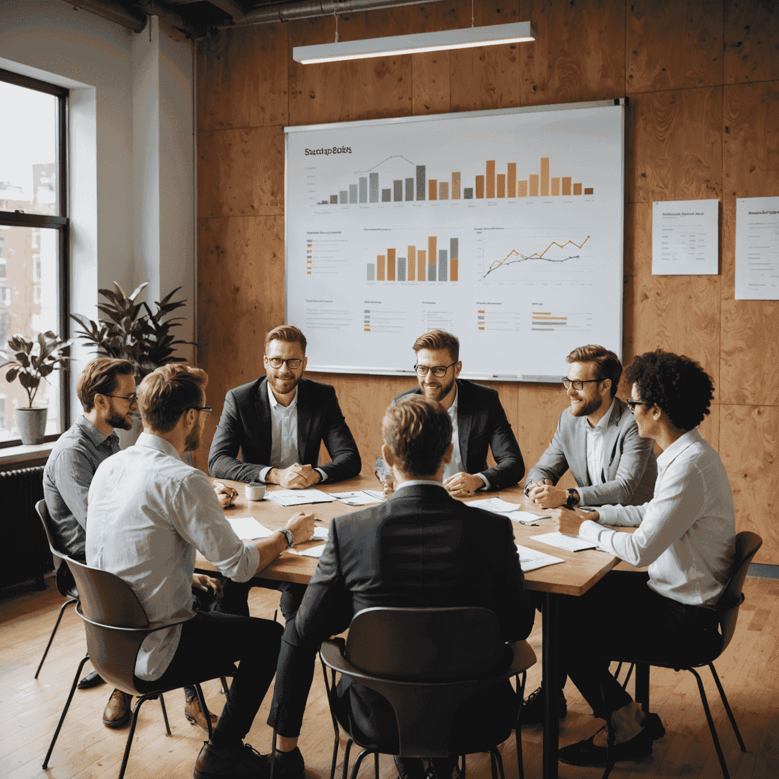 Eine Gruppe von Menschen, die gemeinsam an einem Tisch sitzen und Projektideen diskutieren. Im Hintergrund ist eine große Tafel mit Finanzierungszielen und Fortschrittsbalken zu sehen.