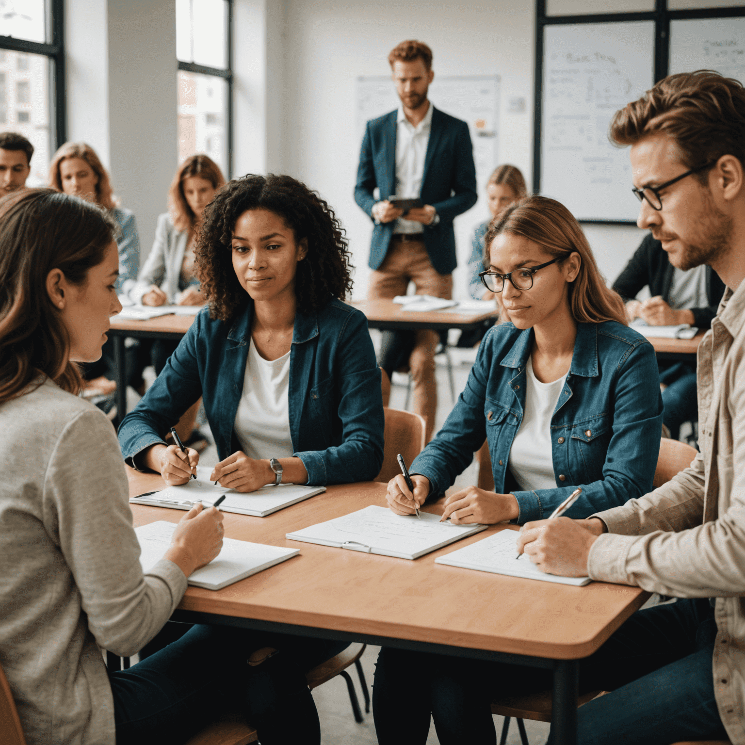 Gruppe von Menschen, die an einem interaktiven Workshop teilnehmen, diskutieren und Notizen machen