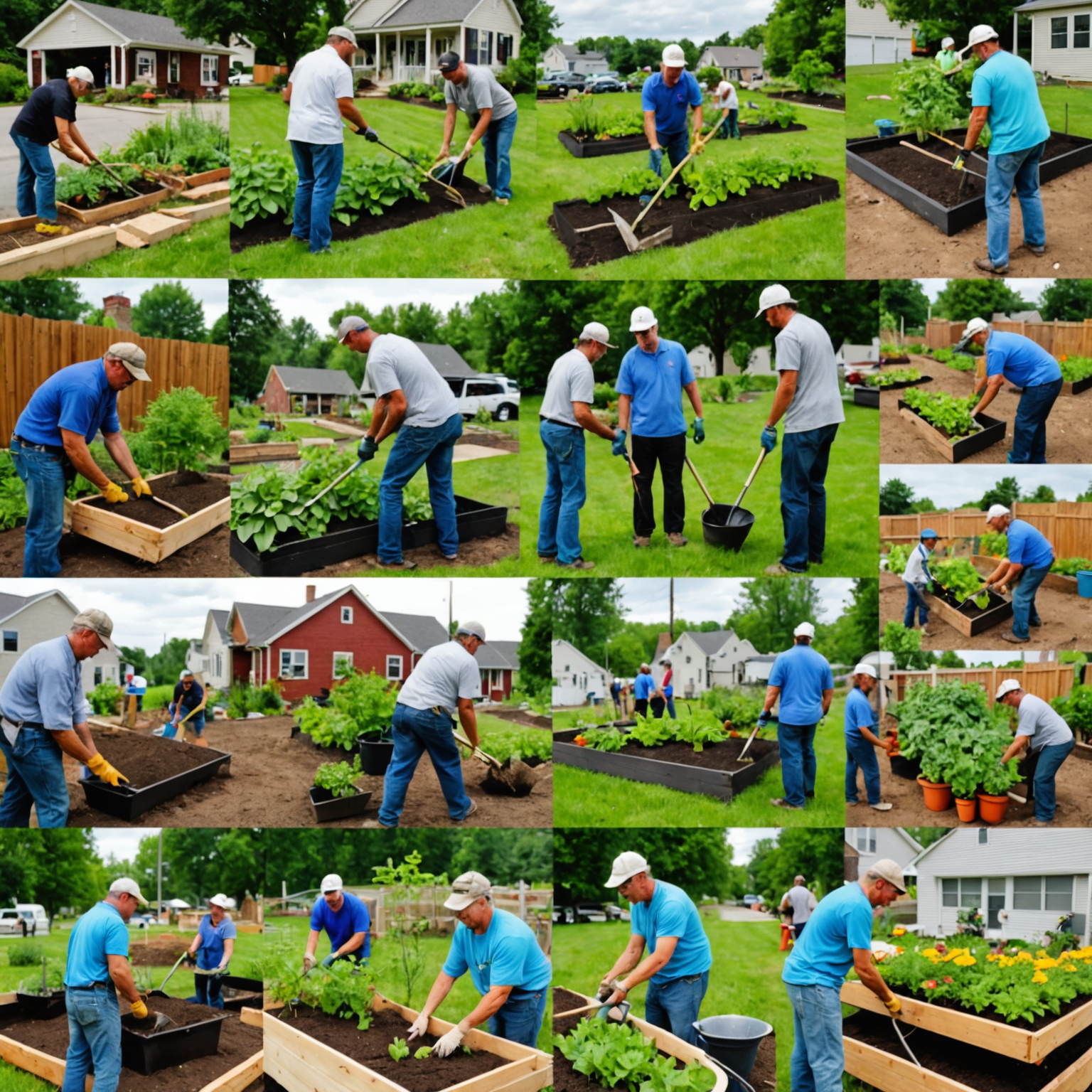 Eine Collage von Menschen, die an verschiedenen Gemeinschaftsprojekten arbeiten. Bilder zeigen Gartenarbeit, Renovierungen und Bildungsinitiativen.