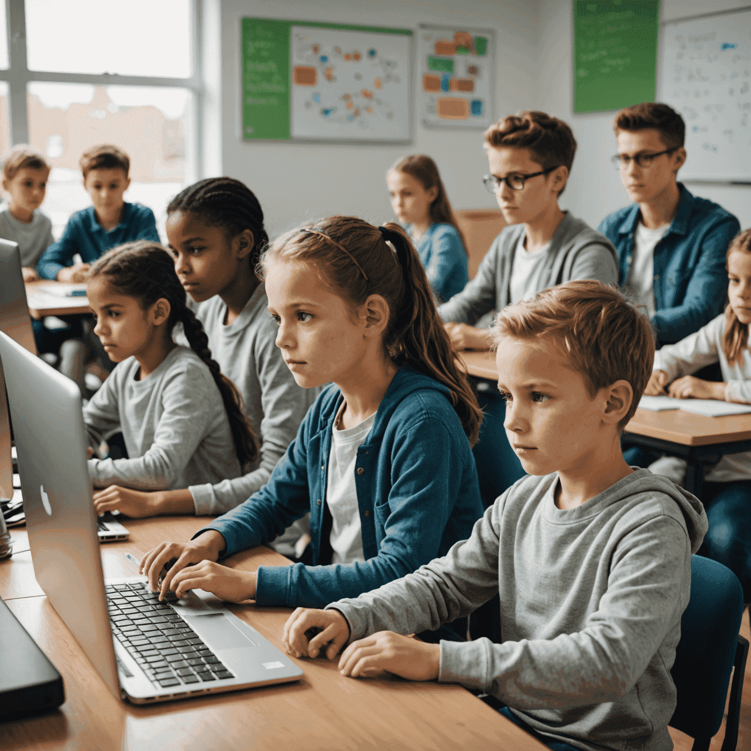 Kinder verschiedener Altersgruppen sitzen an Computern in einem modernen Klassenzimmer und lernen gemeinsam Programmieren.