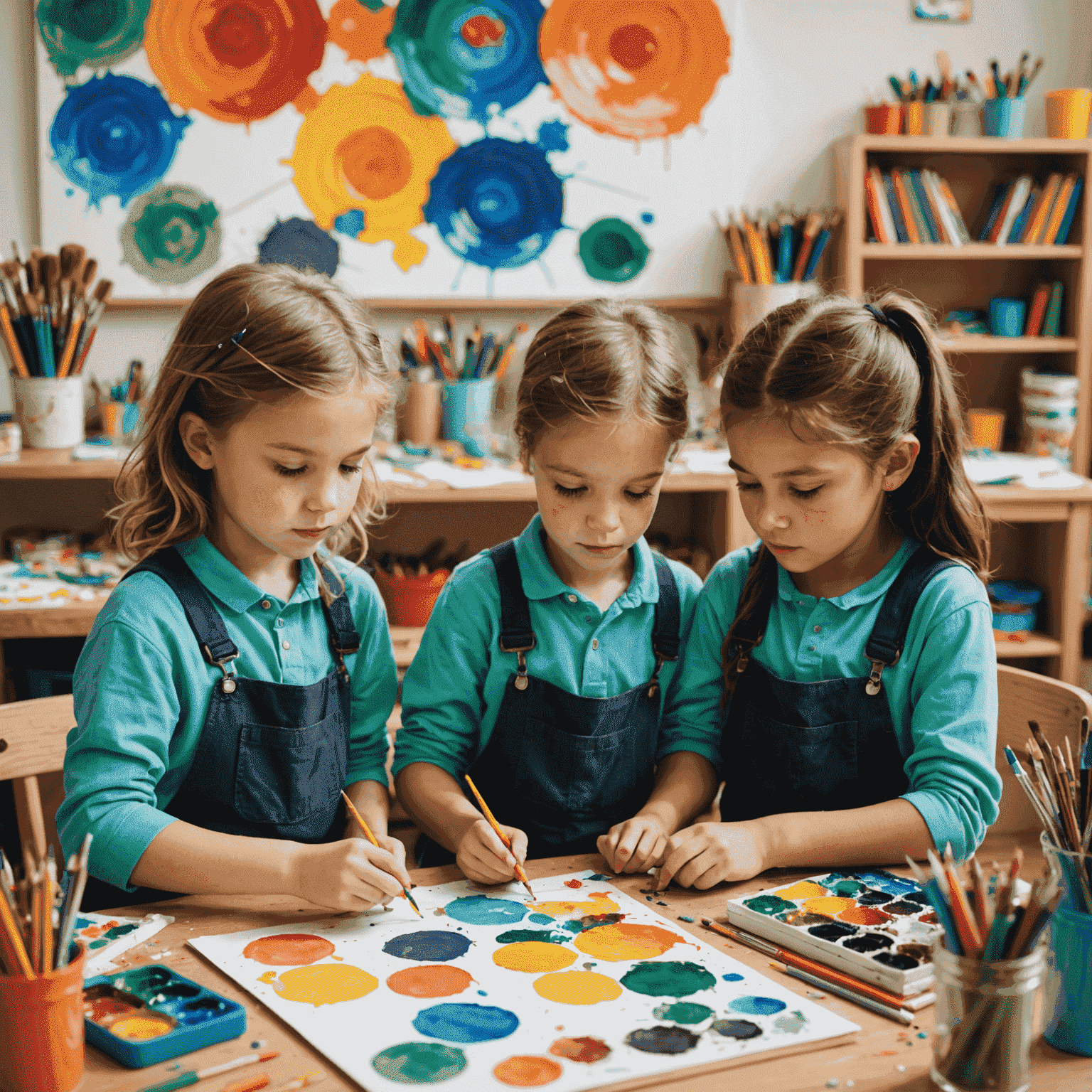 Kinder, die an einem Kunstprojekt arbeiten, umgeben von bunten Malutensilien