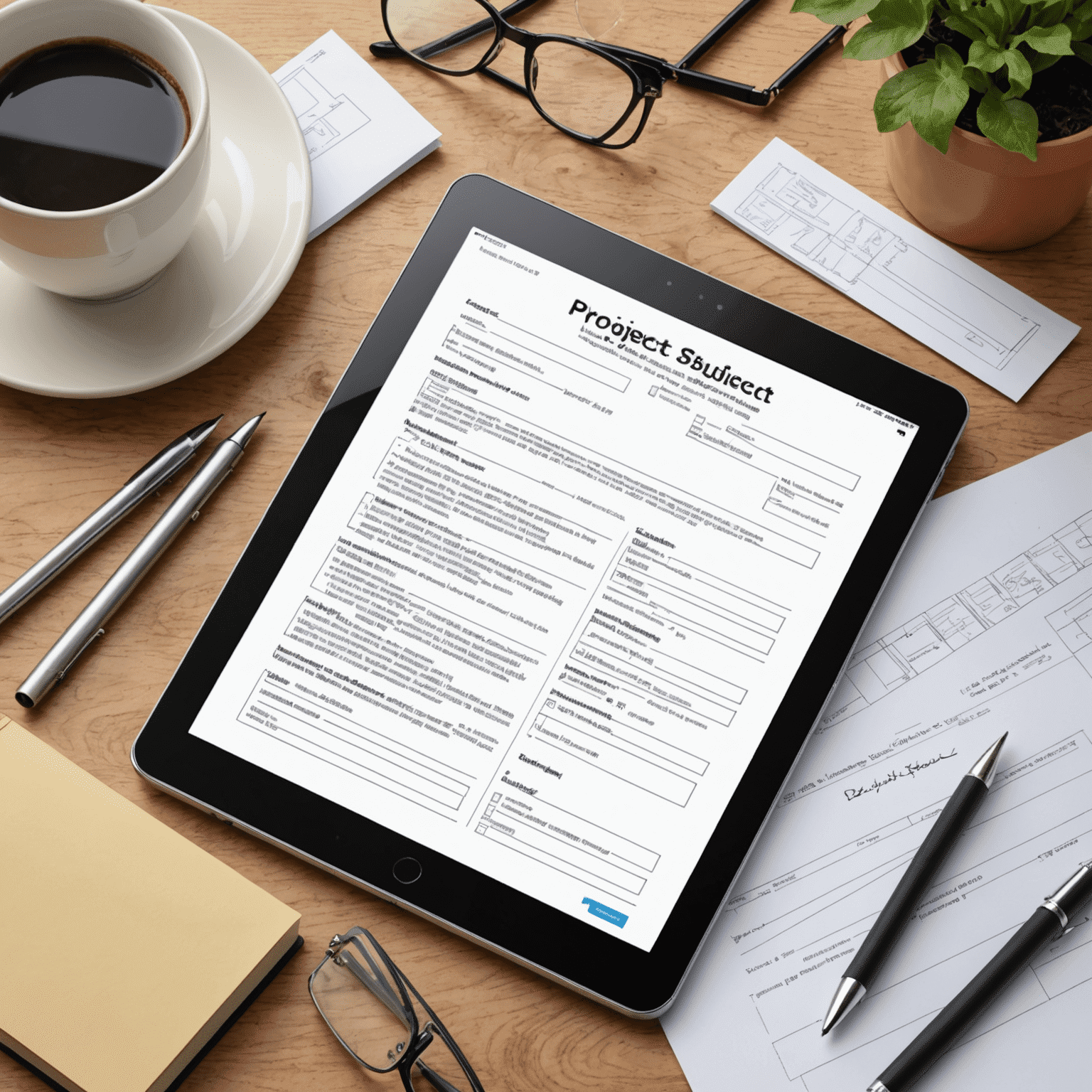 Ein Formular zur Projekteinreichung auf einem Tablet, umgeben von Notizen und Skizzen von Gemeinschaftsprojekten.