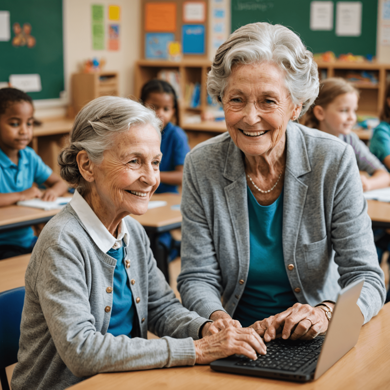 Ältere Dame sitzt neben einem Grundschulkind vor einem Computer. Beide lächeln und scheinen konzentriert auf den Bildschirm zu schauen. Im Hintergrund sind weitere Paare aus Senioren und Kindern zu sehen, die ähnlich zusammenarbeiten.