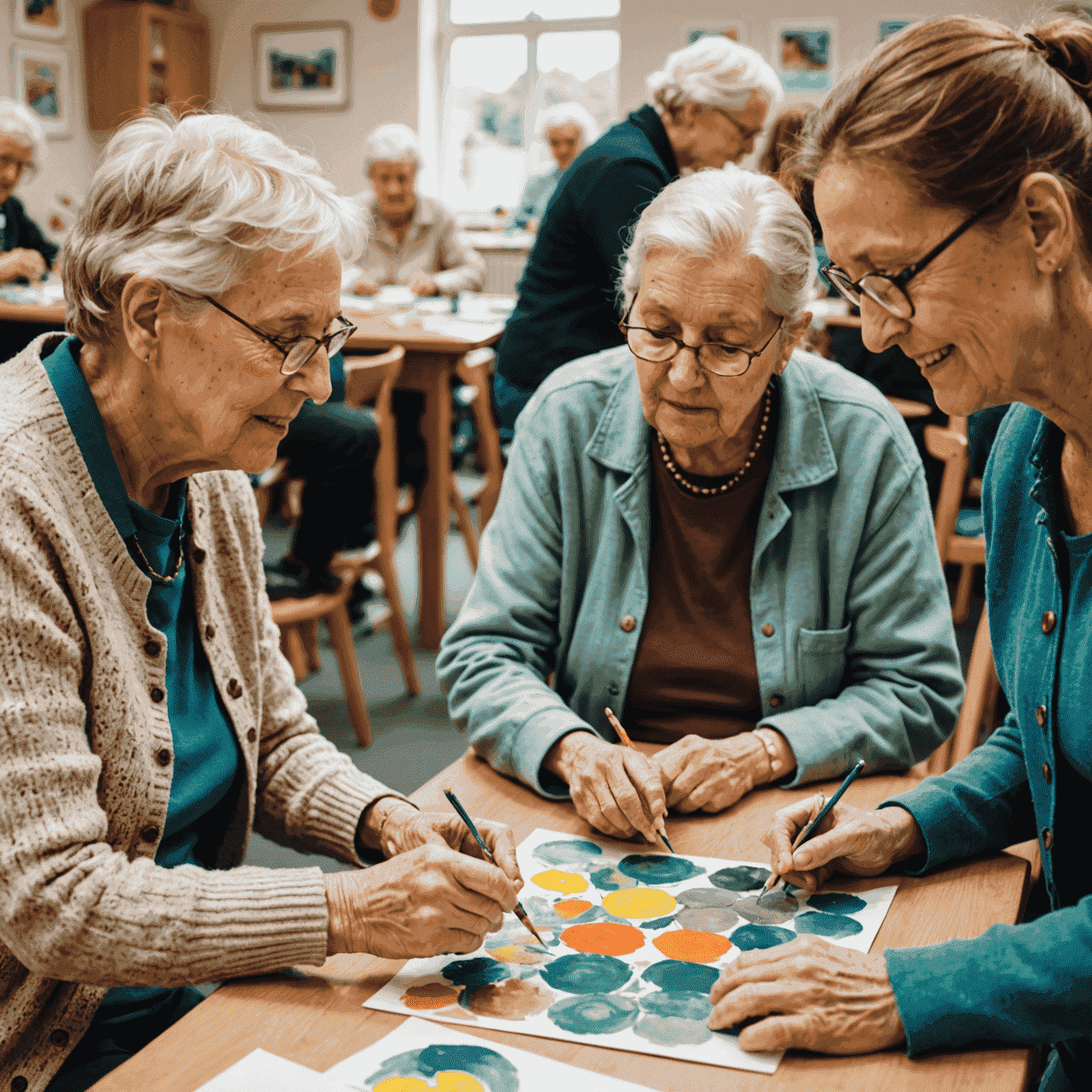 Ältere Menschen und Jugendliche arbeiten gemeinsam an Kunstprojekten in einem hellen, freundlichen Gemeinschaftsraum.