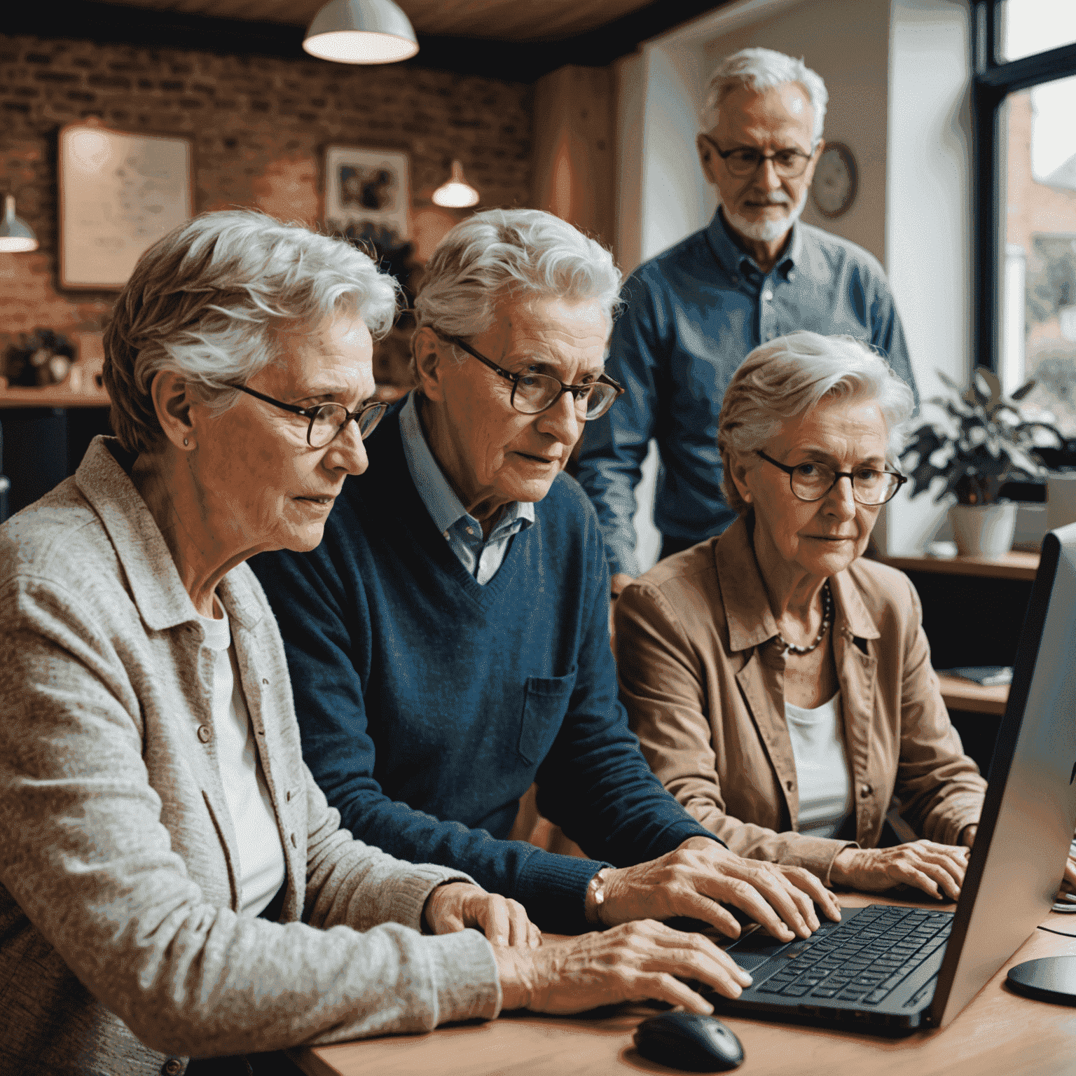 Ältere Menschen und Jugendliche, die gemeinsam an Computern arbeiten