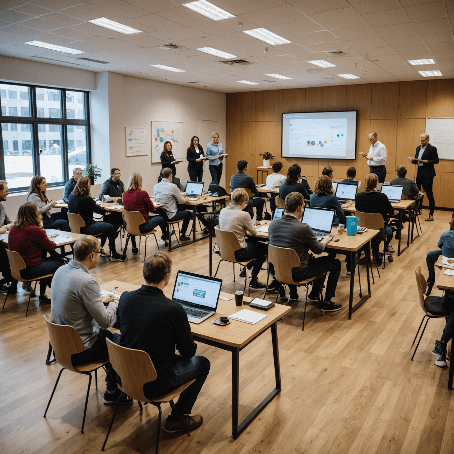Ein interaktiver Workshop-Raum mit Menschen, die an Tischen sitzen und an Projektmanagement- und Community-Engagement-Übungen arbeiten.